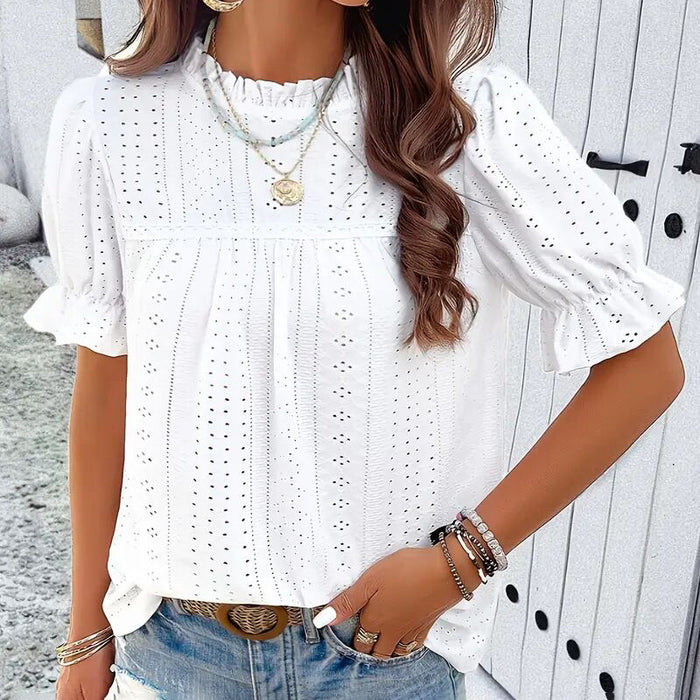 Women's Elegant Ruffle Detail Blouse Short Sleeve Round Neck Top