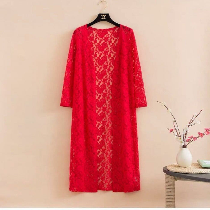 Lace Trench Coat Long Sleeve Shawl Mid-length Plus Size