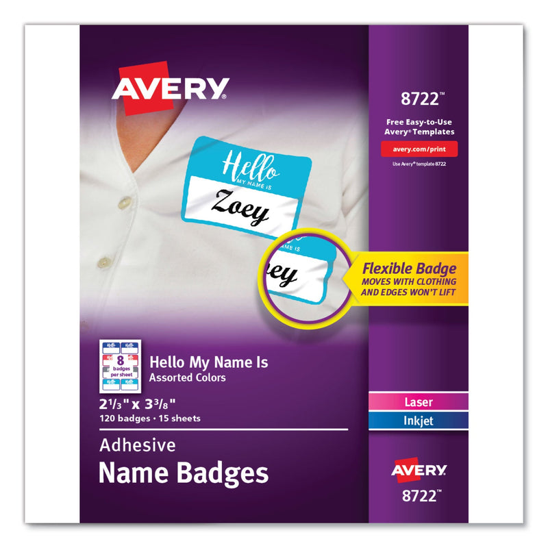 Avery Flexible Adhesive Name Badge Labels, "Hello", 3 3/8 x 2 1/3, Assorted, 120/PK