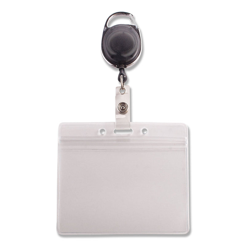 Advantus Resealable ID Badge Holders with 30" Cord Reel, Horizontal, Frosted 4.13" x 3.75" Holder, 3.75" x 2.63" Insert, 10/Pack