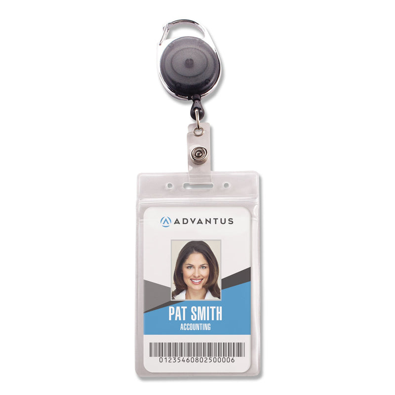 Advantus Resealable ID Badge Holders with 30" Cord Reel, Vertical, Frosted 3.68" x 5" Holder, 2.5" x 4" Insert, 10/Pack