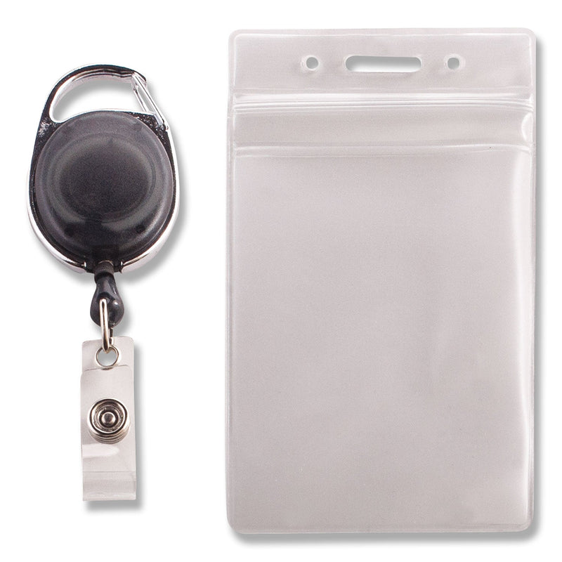 Advantus Resealable ID Badge Holders with 30" Cord Reel, Vertical, Frosted 3.68" x 5" Holder, 2.5" x 4" Insert, 10/Pack