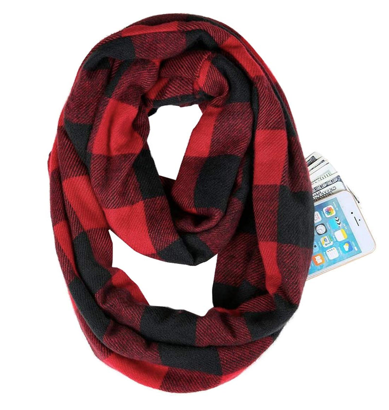 stylesilove Winter Plaid Infinity Scarf with Hidden Zipper Pocket Fashion Travel Scarf for Women and Men