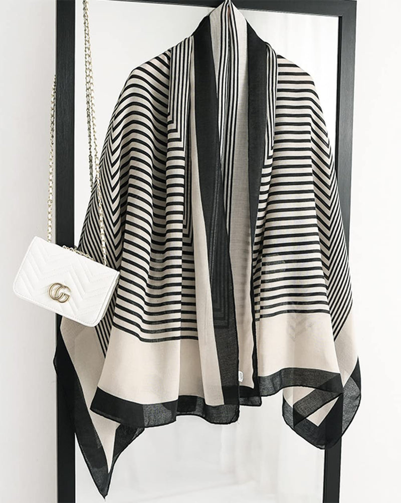 stylesilove Women Girls Elegant Striped Print Oblong Cotton Linen Scarf Lightweight Autumn Wrap Shawl