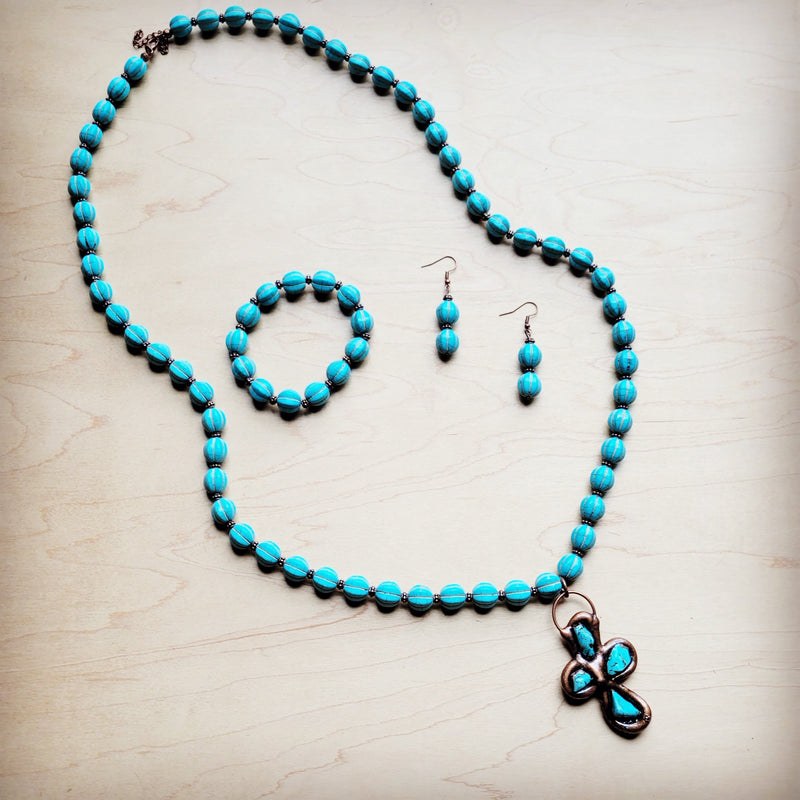 **Blue Turquoise Melon Beaded Necklace w/ Copper Cross 260g