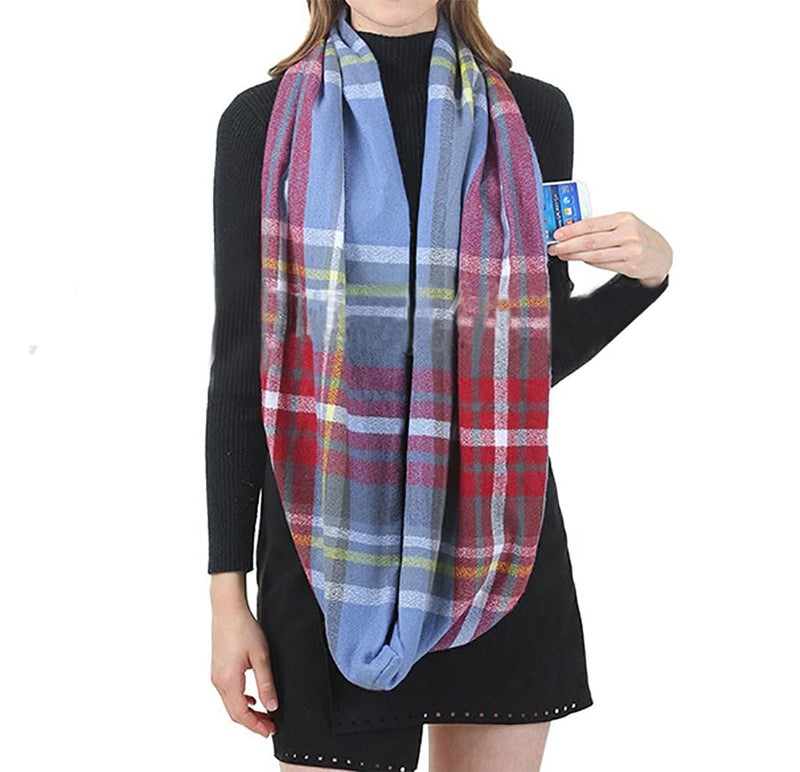 stylesilove Winter Plaid Infinity Scarf with Hidden Zipper Pocket Fashion Travel Scarf for Women and Men