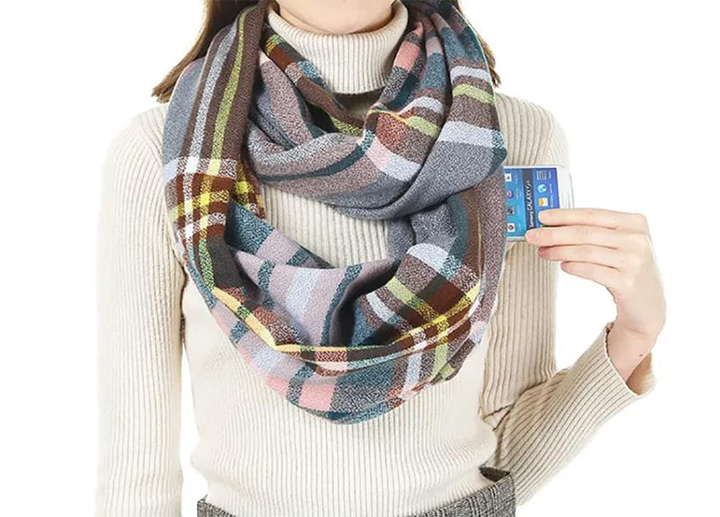 stylesilove Winter Plaid Infinity Scarf with Hidden Zipper Pocket Fashion Travel Scarf for Women and Men