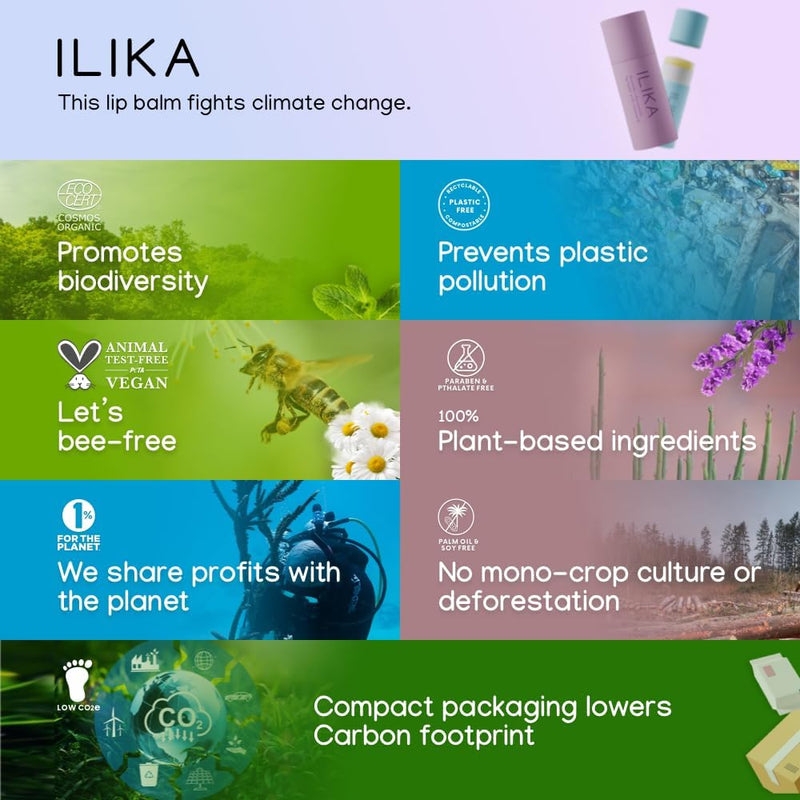 ILIKA Lip Balm Organic, 100% Plant-Based, 2X Volume, Low CO2e - COSMOS Certified Organic, PETA Certified Vegan & Cruelty-Free, Biodegradable Tube 4 Pack, Classic Collection