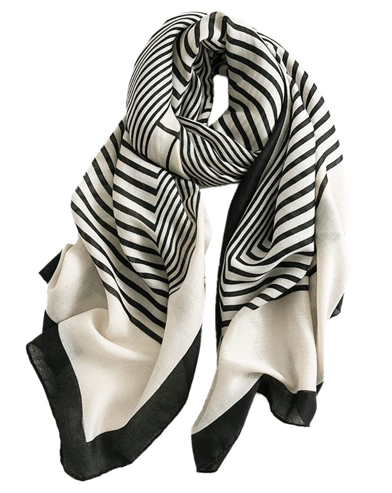 stylesilove Women Girls Elegant Striped Print Oblong Cotton Linen Scarf Lightweight Autumn Wrap Shawl