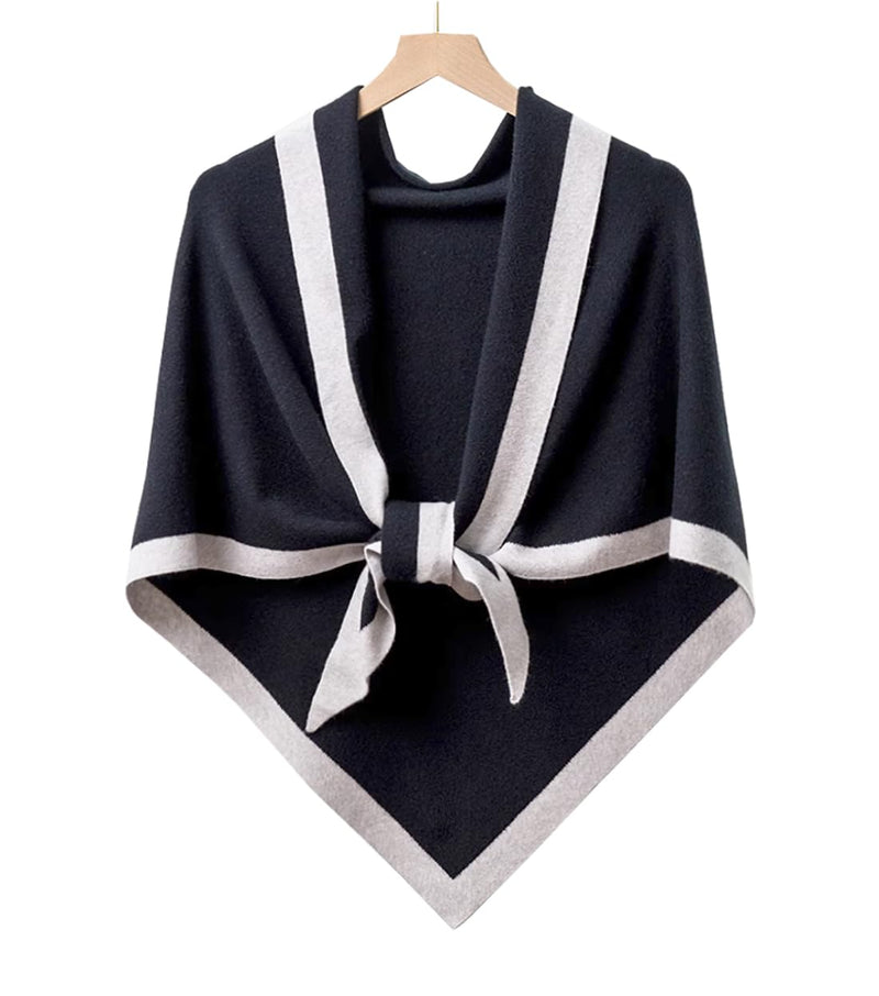 stylesilove Women Wool Blend Cashmere Knitted Solid Color Triangular Shawl with Contrast Border Lightweight Stole Wrap Scarf