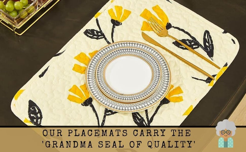 DaDa Bedding Botanical Floral Dining Table Placemats - Set of 4-Pieces Quilted Ivory with Yellow Fleur Golden Orange Spring Time Tulips - 13 x 19