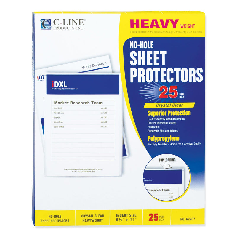 C-Line Top-Load No-Hole Sheet Protectors, Heavyweight, Clear, 2" Capacity, 25/Box