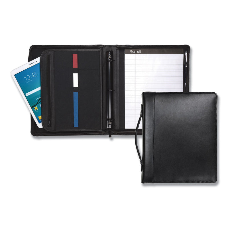 Samsill Leather Multi-Ring Zippered Portfolio, Two-Part, 1" Cap, 11 x 13 1/2, Black