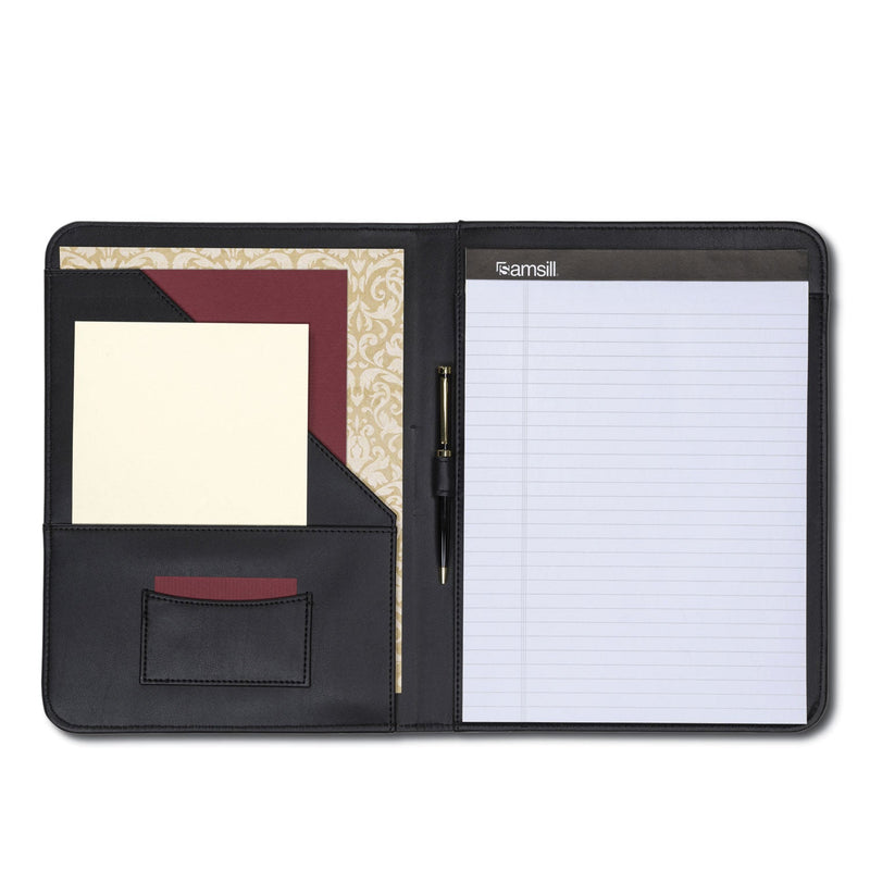 Samsill Contrast Stitch Leather Padfolio, 8 1/2 x 11, Leather, Black