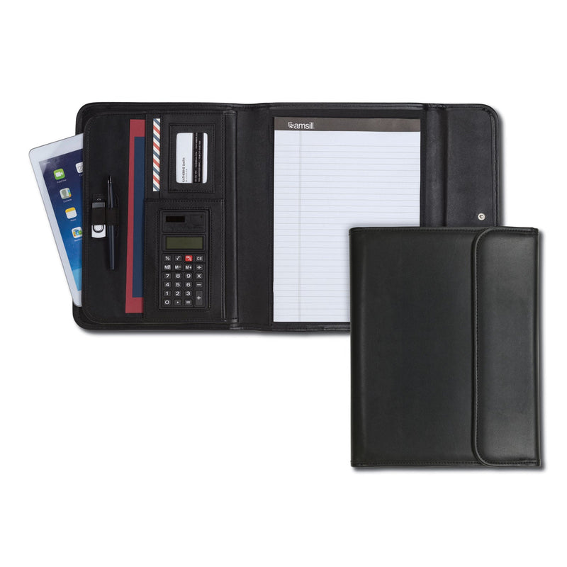 Samsill Professional Tri-Fold Padfolio w/Calculator, Writing Pad, Vinyl, Black