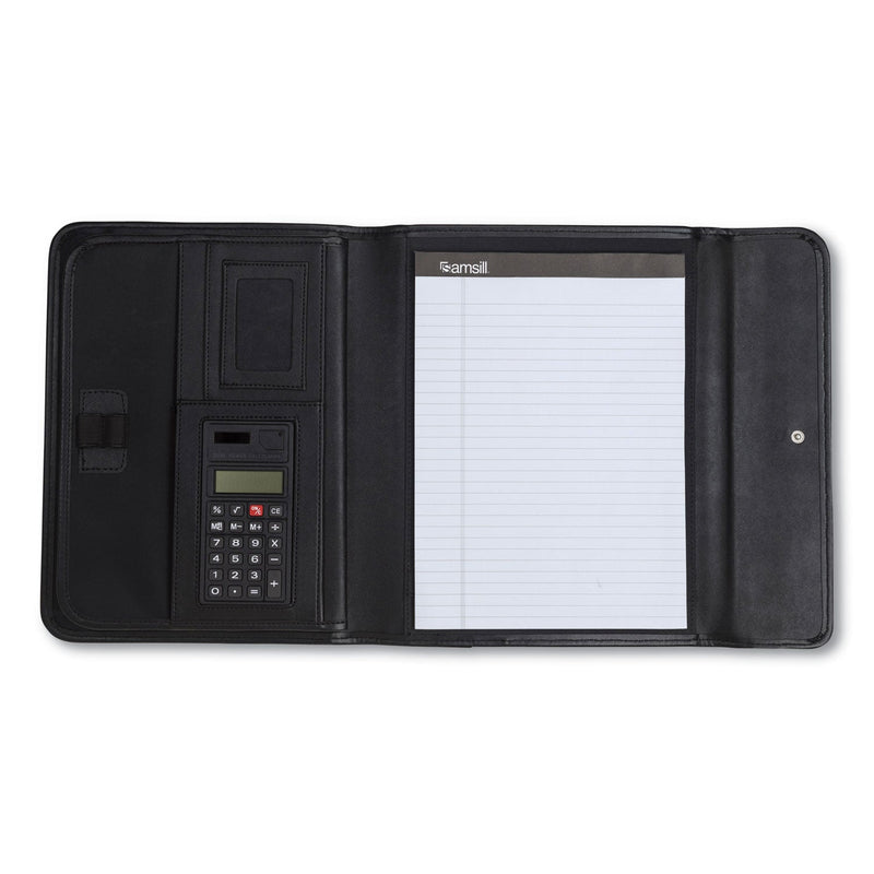 Samsill Professional Tri-Fold Padfolio w/Calculator, Writing Pad, Vinyl, Black