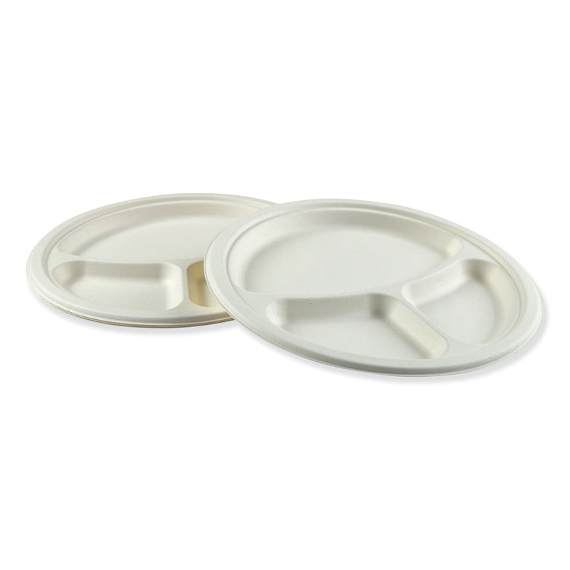 Boardwalk Bagasse Dinnerware, 3-Compartment Plate, 10" dia, White, 500/Carton