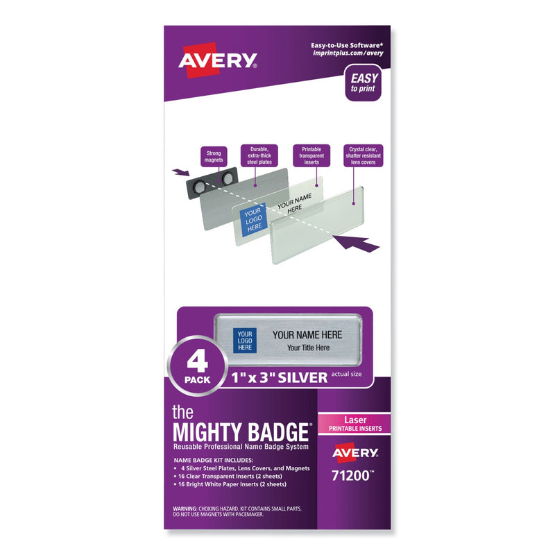 Avery The Mighty Badge Name Badge Holder Kit, Horizontal, 3 x 1, Laser, Silver, 4 Holders/32 Inserts