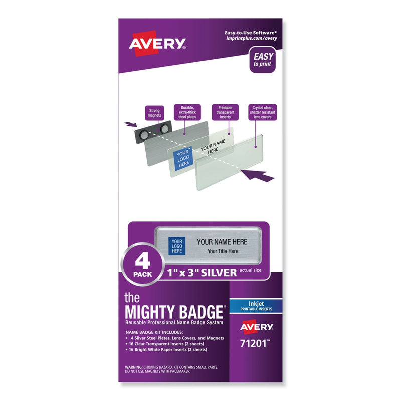 Avery The Mighty Badge Name Badge Holder Kit, Horizontal, 3 x 1, Inkjet, Silver, 4 Holders/32 Inserts