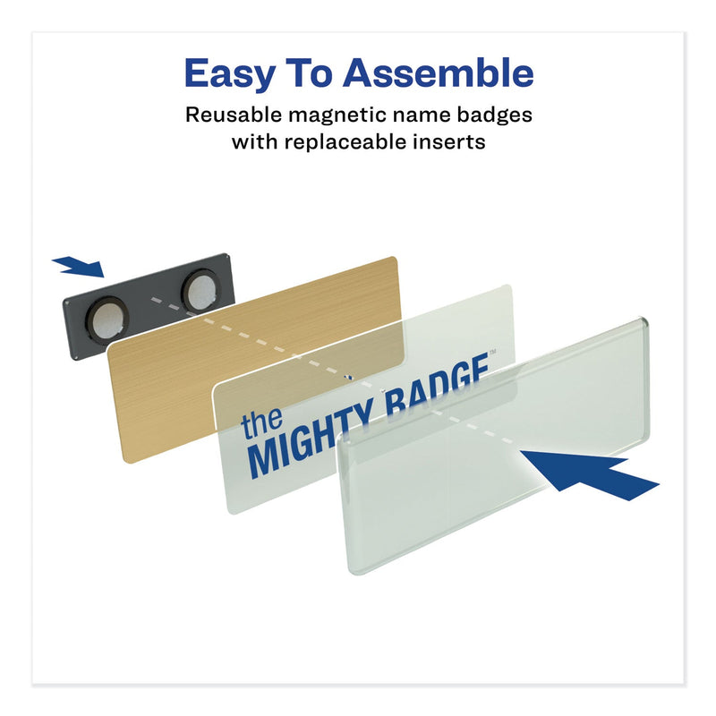Avery The Mighty Badge Name Badge Holder Kit, Horizontal, 3 x 1, Laser, Gold, 50 Holders/120 Inserts