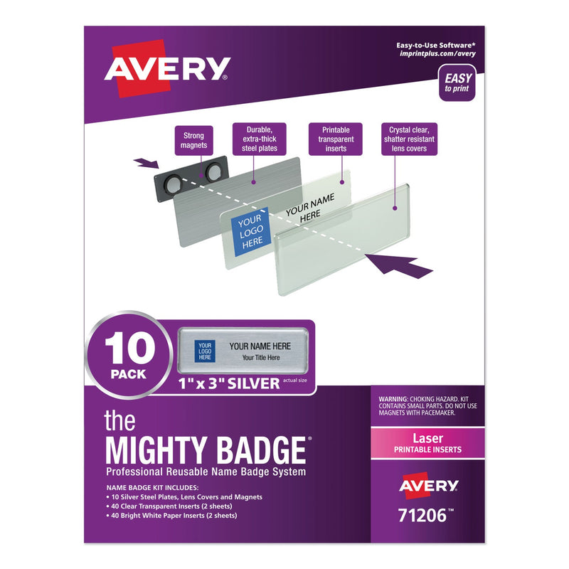 Avery The Mighty Badge Name Badge Holder Kit, Horizontal, 3 x 1, Laser, Silver, 10 Holders/ 80 Inserts