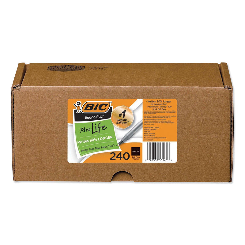 BIC Round Stic Xtra Life Ballpoint Pen Xtra-Value Pack, Stick, Medium 1 mm, Black Ink, Black Barrel, 240/Carton