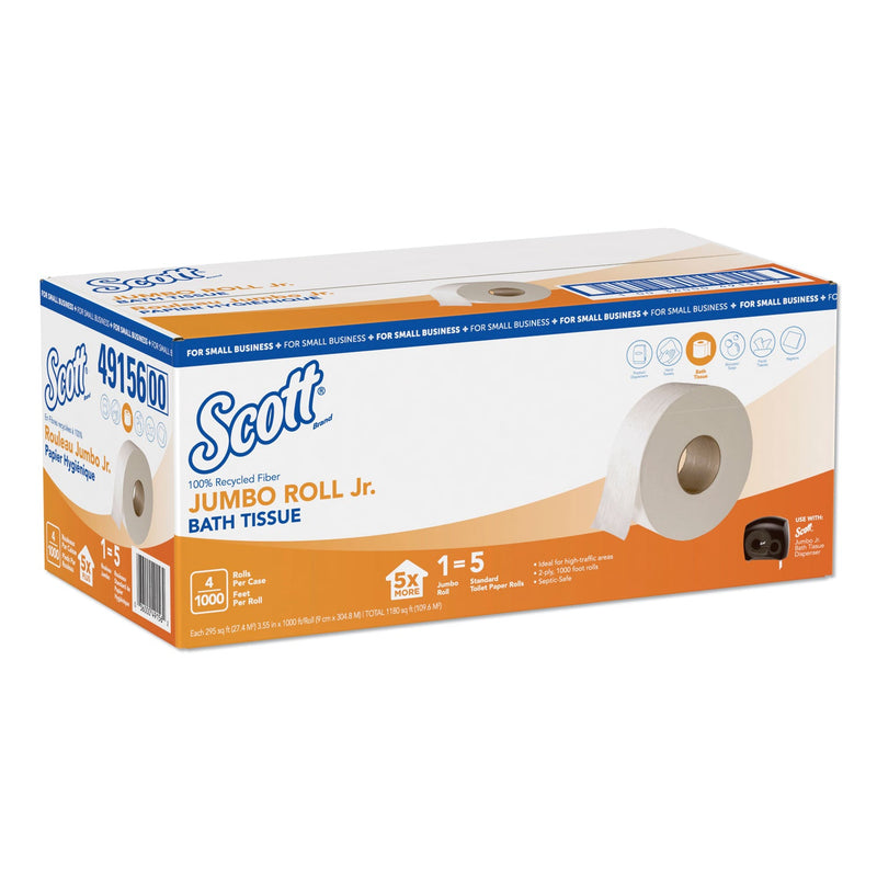 Scott Essential 100% Recycled Fiber JRT Bathroom Tissue, Septic Safe, 2-Ply, White, 3.55" x 1,000 ft, 4 Rolls/Carton