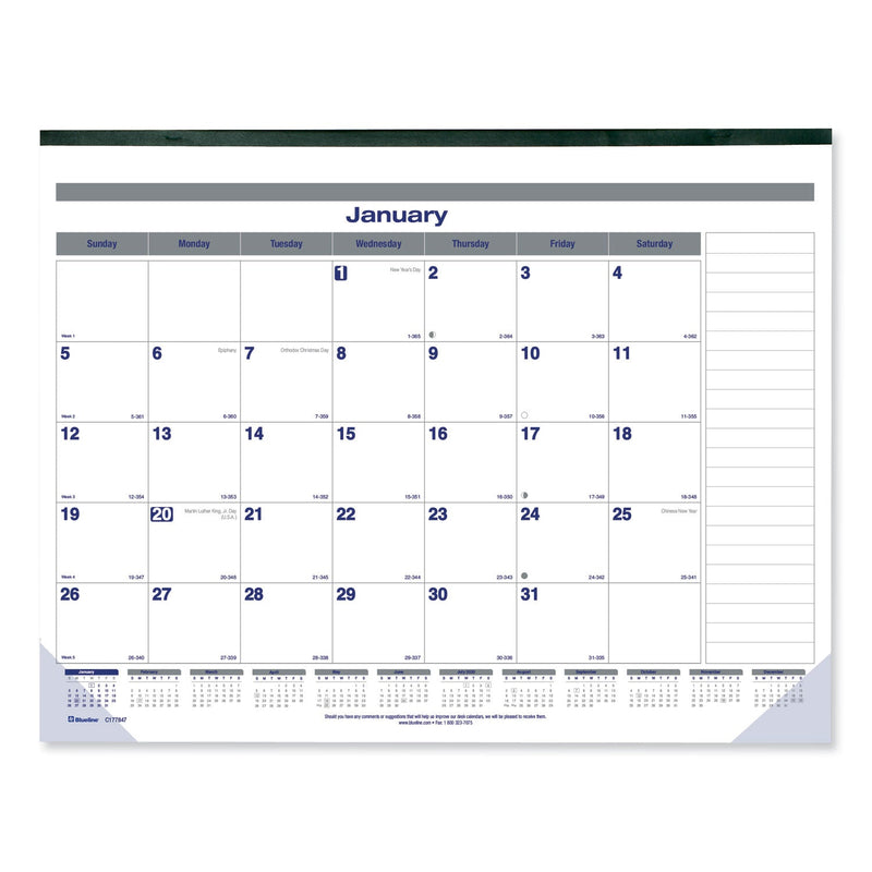 Blueline Net Zero Carbon Monthly Desk Pad Calendar, 22 x 17, White/Gray/Blue Sheets, Black Binding, 12-Month (Jan to Dec): 2023