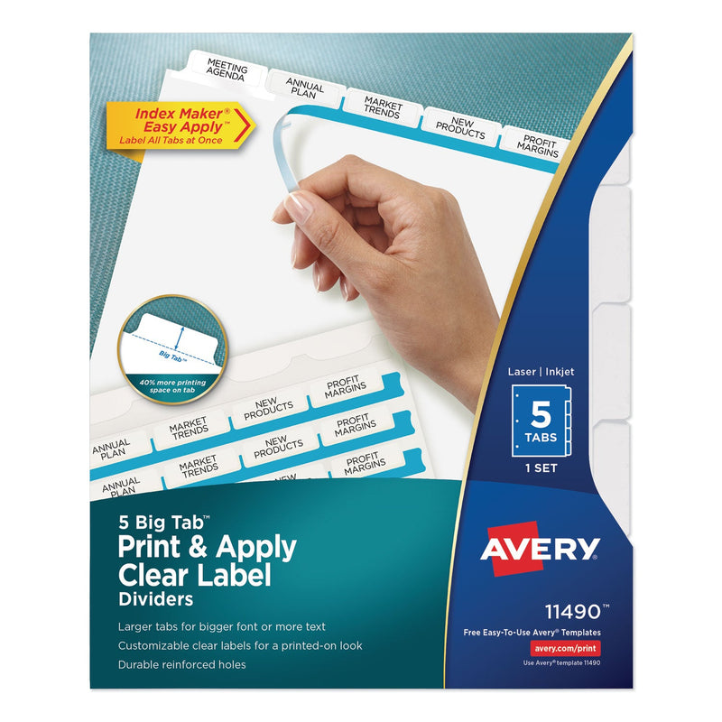 Avery Print and Apply Index Maker Clear Label Dividers, Big Tab, 5-Tab, White Tabs, 11 x 8.5, White, 1 Set