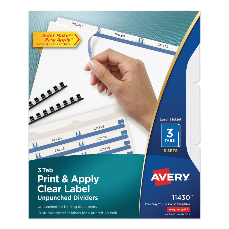 Avery Print and Apply Index Maker Clear Label Unpunched Dividers, 3-Tab, 11 x 8.5, White, 5 Sets