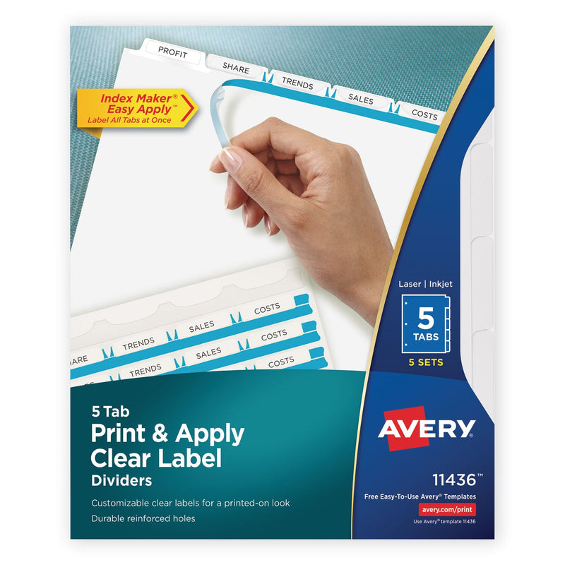 Avery Print and Apply Index Maker Clear Label Dividers, 5-Tab, White Tabs, 11 x 8.5, White, 5 Sets