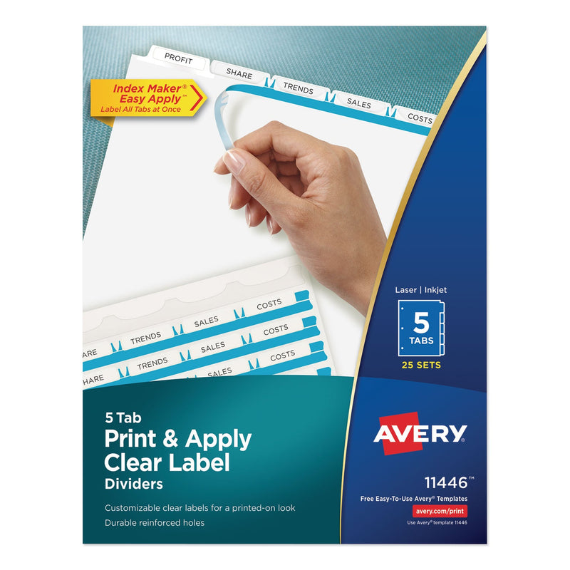 Avery Print and Apply Index Maker Clear Label Dividers, 5-Tab, White Tabs, 11 x 8.5, White, 25 Sets