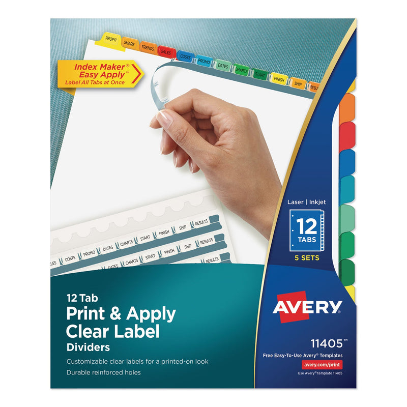 Avery Print and Apply Index Maker Clear Label Dividers, 12-Tab, Color Tabs, 11 x 8.5, White, 5 Sets