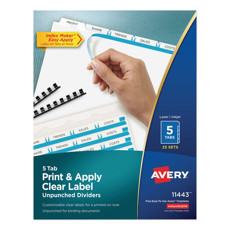 Avery Print and Apply Index Maker Clear Label Unpunched Dividers, 5-Tab, 11 x 8.5, White, 25 Sets