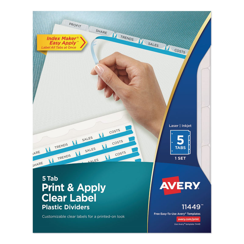 Avery Print and Apply Index Maker Clear Label Plastic Dividers w/Printable Label Strip, 5-Tab, 11 x 8.5, Frosted Clear Tabs, 1 Set