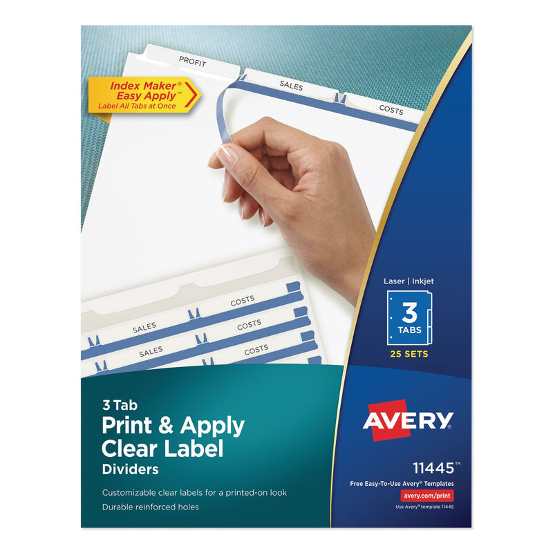 Avery Print and Apply Index Maker Clear Label Dividers, 3-Tab, White Tabs, 11 x 8.5, White, 25 Sets
