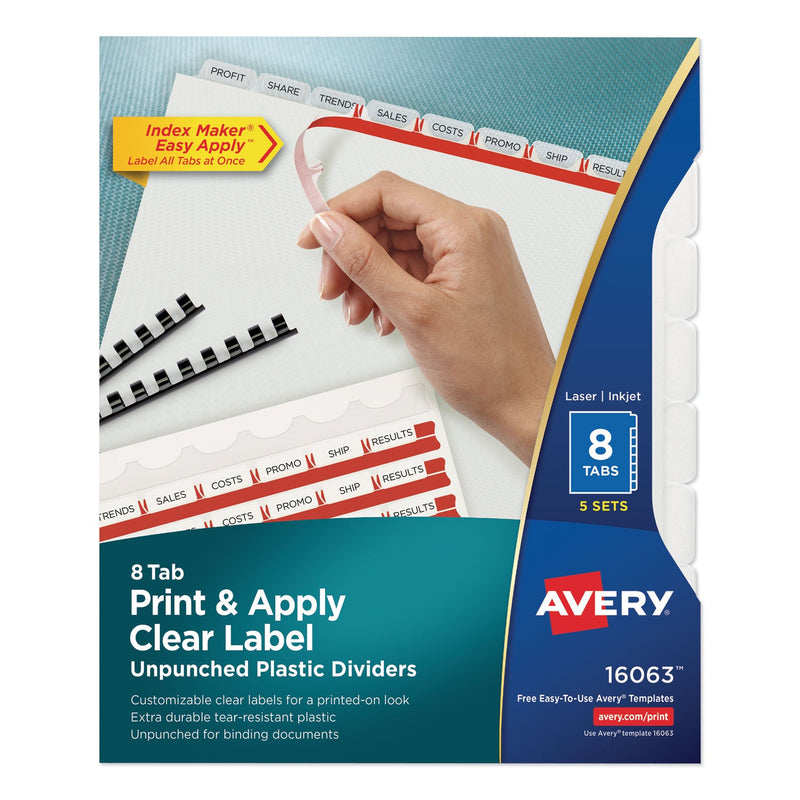 Avery Print and Apply Index Maker Clear Label Unpunched Dividers with Printable Label Strip, 8-Tab, 11 x 8.5, Clear, 5 Sets