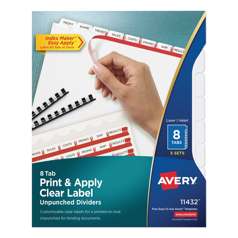 Avery Print and Apply Index Maker Clear Label Unpunched Dividers, 8-Tab, 11 x 8.5, White, 5 Sets