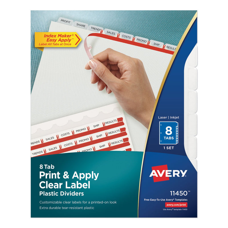 Avery Print and Apply Index Maker Clear Label Plastic Dividers w/Printable Label Strip, 8-Tab, 11 x 8.5, Frosted Clear Tabs, 1 Set