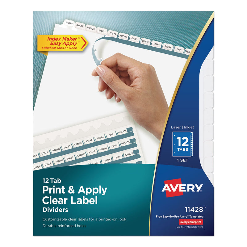 Avery Print and Apply Index Maker Clear Label Dividers, 12-Tab, White Tabs, 11 x 8.5, White, 1 Set