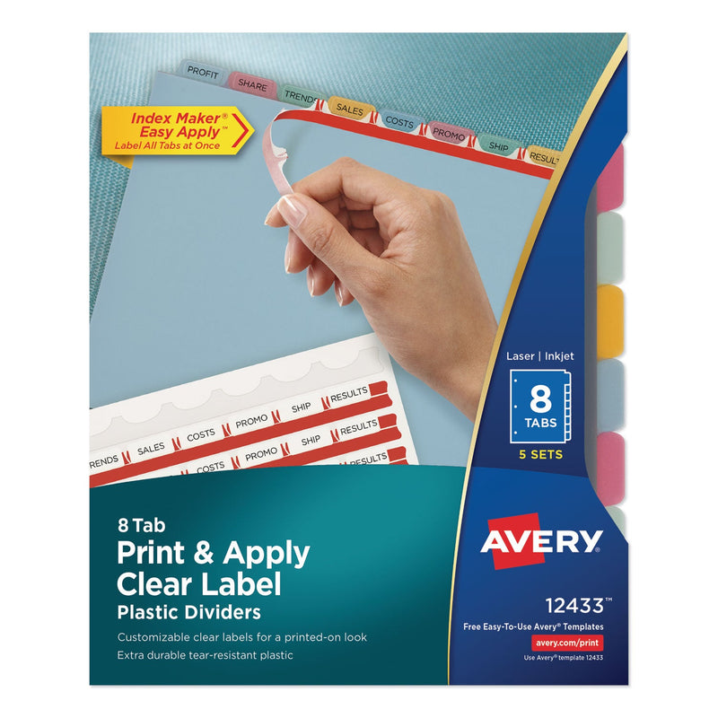 Avery Print and Apply Index Maker Clear Label Plastic Dividers with Printable Label Strip, 8-Tab, 11 x 8.5, Assorted Tabs, 5 Sets