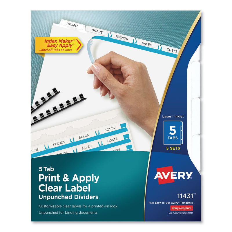 Avery Print and Apply Index Maker Clear Label Unpunched Dividers, 5-Tab, 11 x 8.5, White, 5 Sets