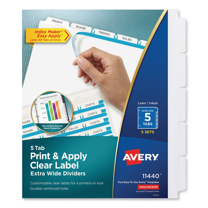 Avery Print and Apply Index Maker Clear Label Dividers, Extra Wide Tab, 5-Tab, White Tabs, 11.25 x 9.25, White, 5 Sets