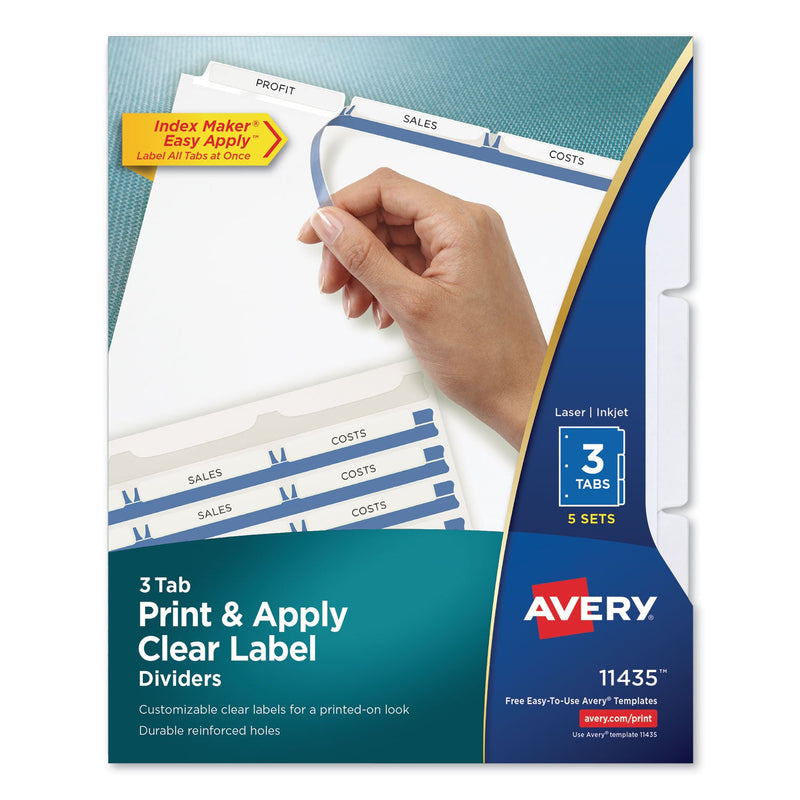 Avery Print and Apply Index Maker Clear Label Dividers, 3-Tab, White Tabs, 11 x 8.5, White, 5 Sets