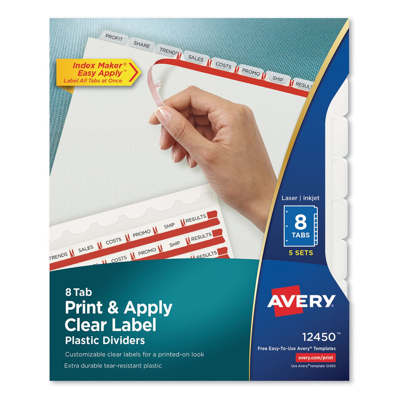 Avery Print and Apply Index Maker Clear Label Plastic Dividers w/Printable Label Strip, 8-Tab, 11 x 8.5, Frosted Clear Tabs, 5 Sets