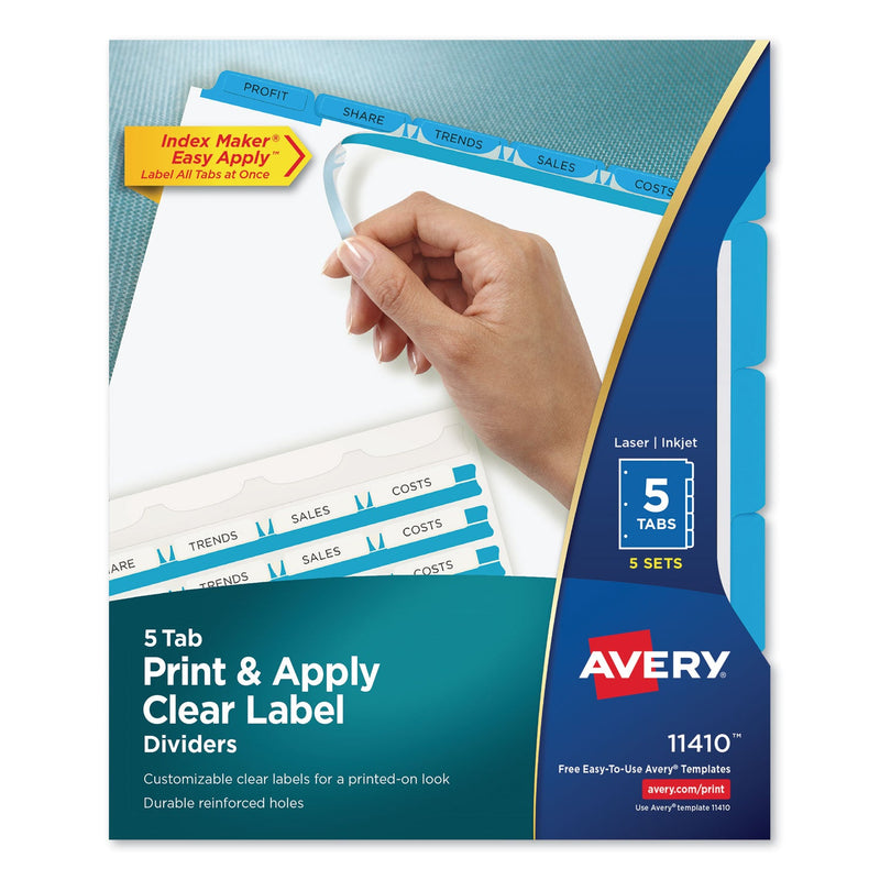Avery Print and Apply Index Maker Clear Label Dividers, 5-Tab, Color Tabs, 11 x 8.5, White, Blue Tabs, 5 Sets
