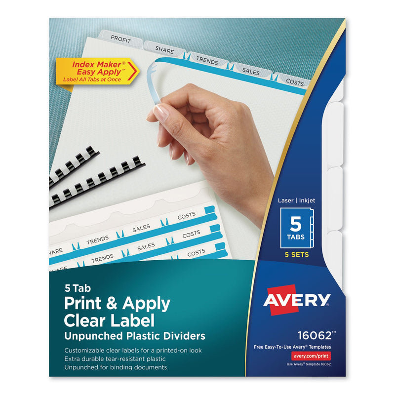 Avery Print and Apply Index Maker Clear Label Unpunched Dividers with Printable Label Strip, 5-Tab, 11 x 8.5, Clear, 5 Sets
