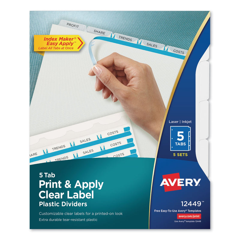 Avery Print and Apply Index Maker Clear Label Plastic Dividers w/Printable Label Strip, 5-Tab, 11 x 8.5, Frosted Clear Tabs, 5 Sets
