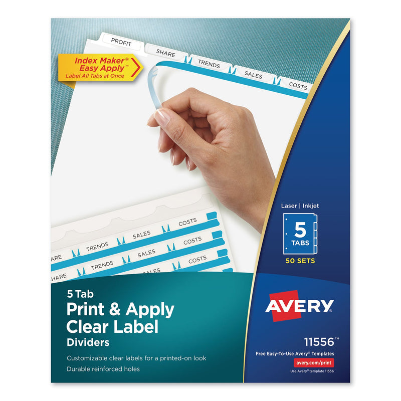 Avery Print and Apply Index Maker Clear Label Dividers, 5-Tab, White Tabs, 11 x 8.5, White, 50 Sets