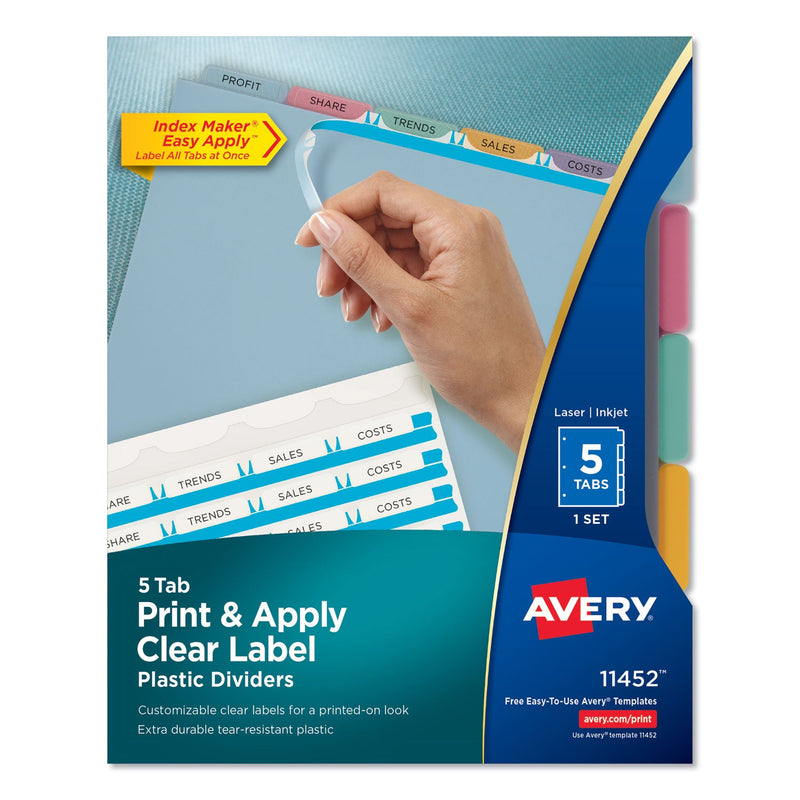 Avery Print and Apply Index Maker Clear Label Plastic Dividers with Printable Label Strip, 5-Tab, 11 x 8.5, Assorted Tabs, 1 Set